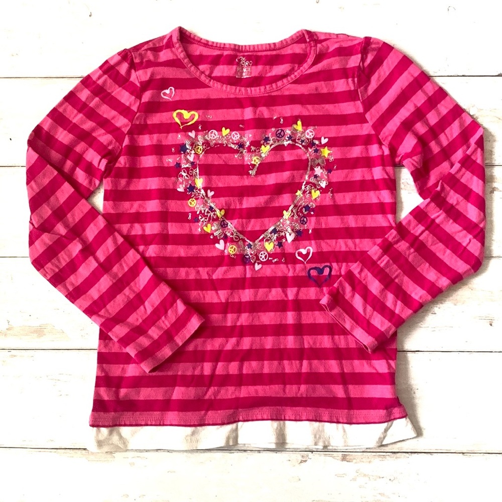 Girls 10/12 Pink Stripes Heart Print Long Sleeve Shirt Kids Top 1989 Place 10 12